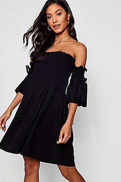 Boohoo Joyce Shirred Bardot Tie Sleeve Skater Dress