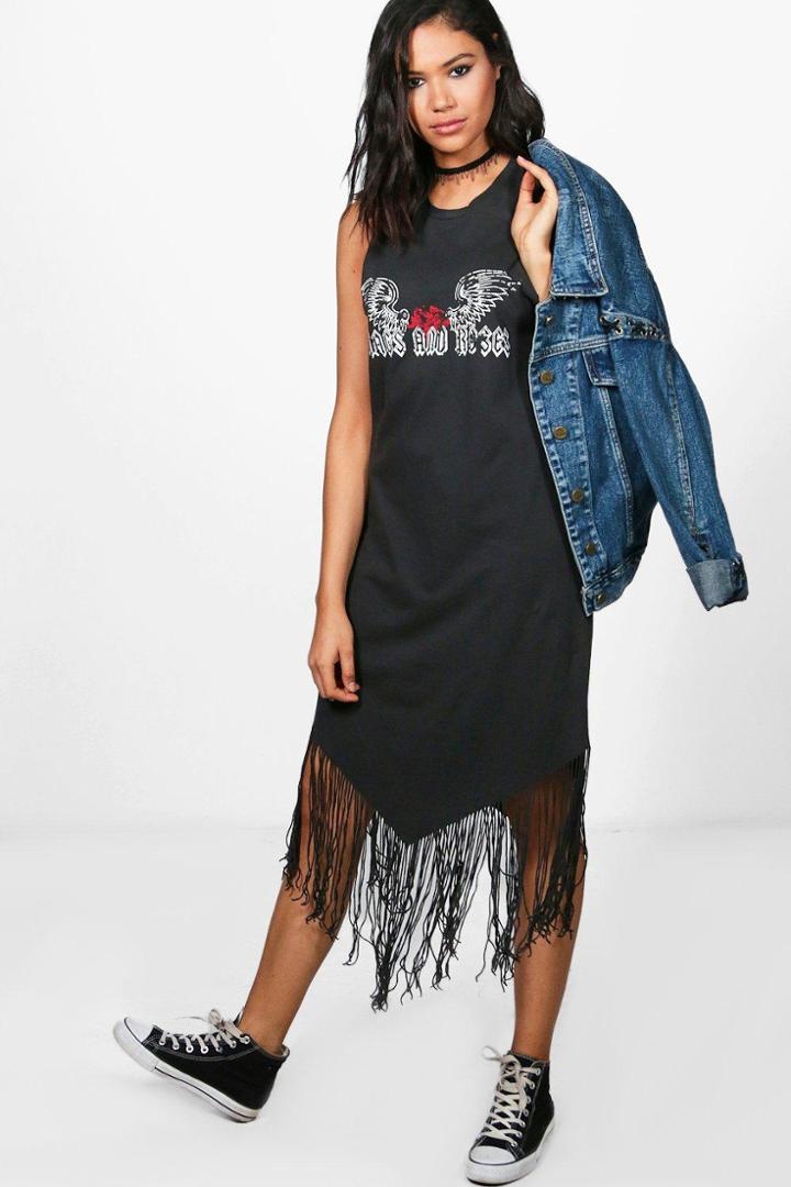 Boohoo Lucy Sleeveless Printed Fringe Hem Dress Grey