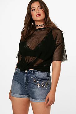 Boohoo Plus Isla Pearl Embellished Denim Shorts