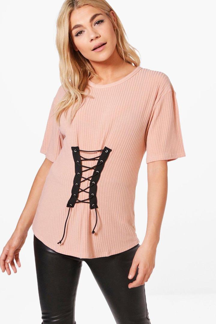 Boohoo Lola Corset Detail Rib Knit T-shirt Pink
