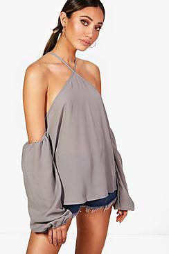 Boohoo Woven Tie Neck Cold Shoulder Top