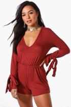 Boohoo Petite Ellie Tie Sleeve Plunge Playsuit Chestnut