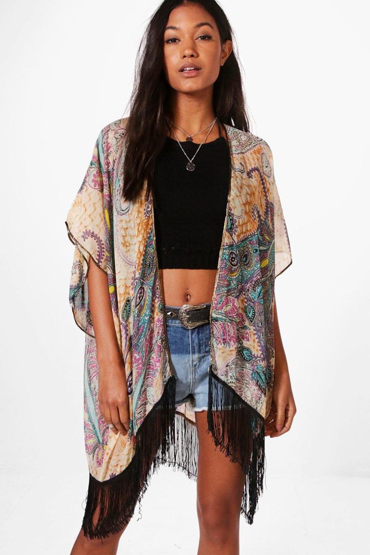 Boohoo Kelly All Over Printed Kimono With Tassles Orange