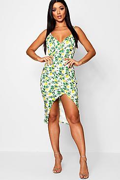 Boohoo Annie Lemon Print Strappy Wrap Midi Dress