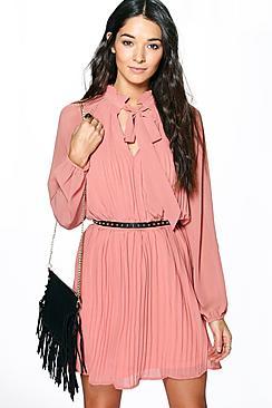 Boohoo Helena Tie Neck Pleated Skater Dress