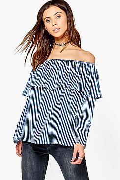Boohoo Petite Clara Stripe Ruffle Off The Shoulder Top