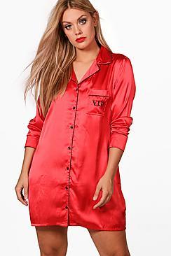 Boohoo Plus Lauren Vip Slogan Satin Shirt Night Dress