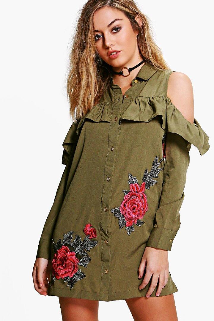 Boohoo Petite Kayla Embroidered Ruffle Off Shoulder Shirt Dress Khaki