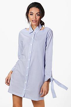 Boohoo Bianca Choker Collar Stripe Shirt Dress