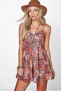 Boohoo Sophie Boho Print Strappy Swing Playsuit