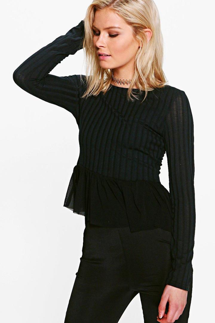 Boohoo Nicole Long Sleeve Rib Mesh Hem Top Black