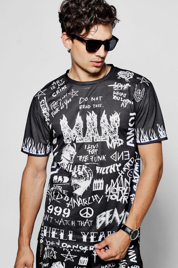 Boohoo Man Graffiti Print T Shirt Black