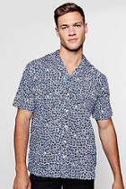 Boohoo Blue Leopard Print Short Sleeve Revere Shirt