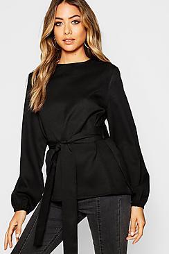 Boohoo Slash Neck Tie Waist Blouse