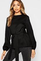 Boohoo Slash Neck Tie Waist Blouse
