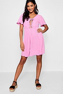 Boohoo Ruched Cut Work Front Tea Dress