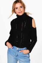 Boohoo Lara Roll Neck Open Shoulder Cable Jumper Black