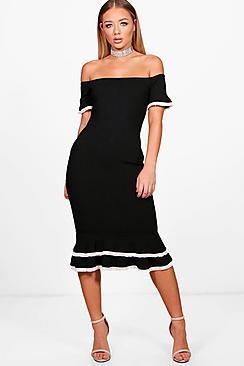 Boohoo Helena Bardot Frill Lace Trim Midi Dress