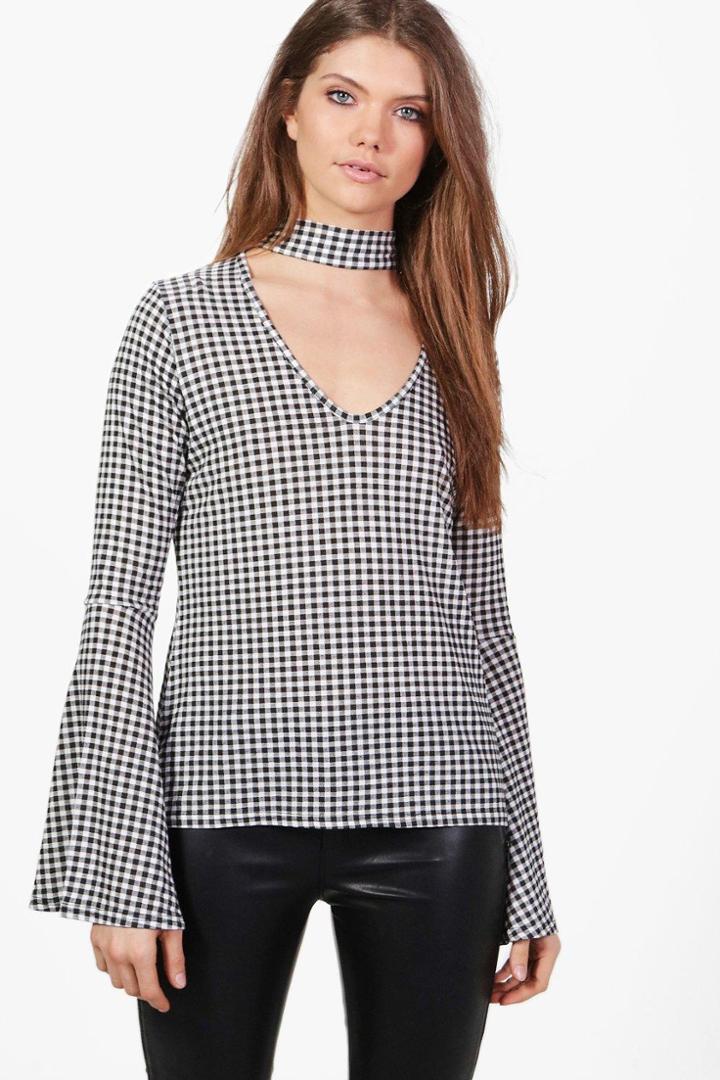 Boohoo Tall Astria Choker Fluted Sleeve Gingham Top Black