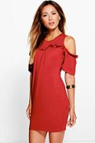 Boohoo Kerry Ruffle Cold Shoulder Bodycon Dress Spice