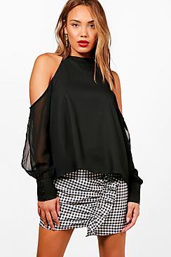 Boohoo Cold Shoulder Chiffon Bell Sleeve Blouse