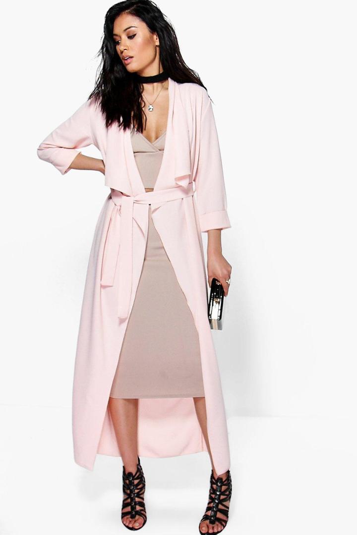 Boohoo Tia Waterfall Woven Belted Duster Nude