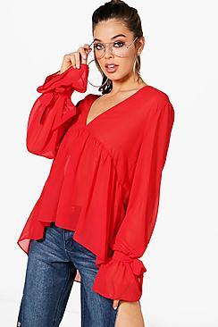 Boohoo Tie Cuff Plunge Oversized Blouse