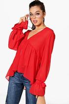 Boohoo Tie Cuff Plunge Oversized Blouse