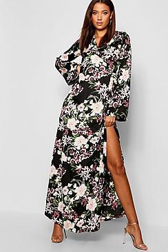 Boohoo Tall Floral Belted Wrap Kimono Maxi Dress