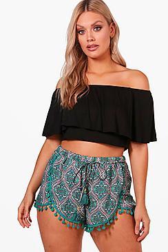 Boohoo Plus Amy Pom Pom Trim Paisley Flippy Shorts