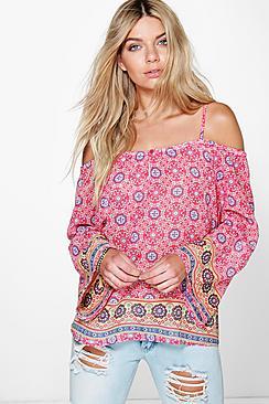 Boohoo Daisy Cold Shoulder Printed Woven Top