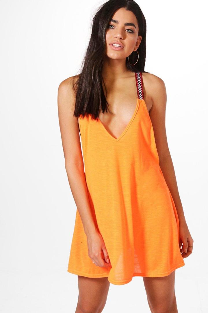 Boohoo Lexi Embroidered Strappy Swing Beach Dress Orange