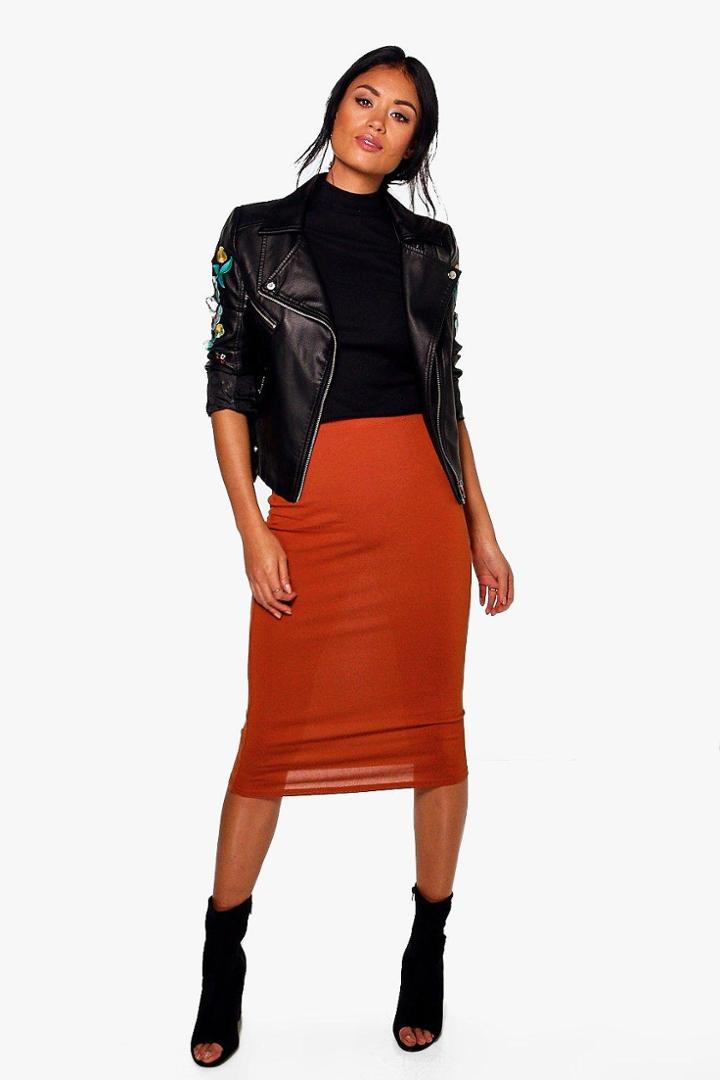 Boohoo Brea Basic Jersey Viscose Midi Skirt Rust