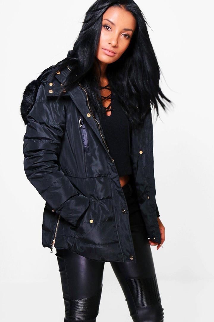 Boohoo Emma Faux Fur Hood Crop Bubble Coat Black