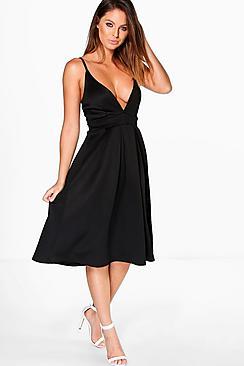 Boohoo Ash Plunge Neck Full Skirt Midi Skater Dress