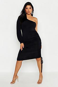 Boohoo Plus Double Slinky One Shoulder Rouched Midi Dress