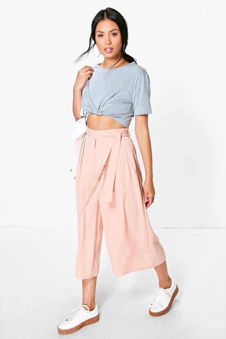 Boohoo Nairi Tie Waist Woven Tailored Culottes Nude