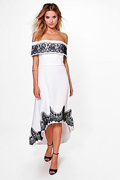 Boohoo Boutique Sandy Lace Dip Hem Skater Dress
