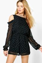 Boohoo Beth Cold Shoulder Polka Dot Playsuit Black