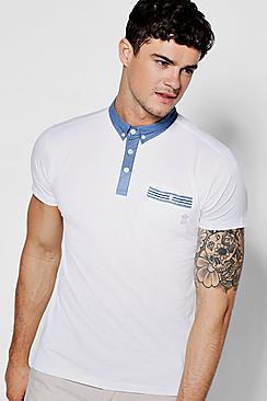 Boohoo Chambray Collar Stripe Pocket Polo