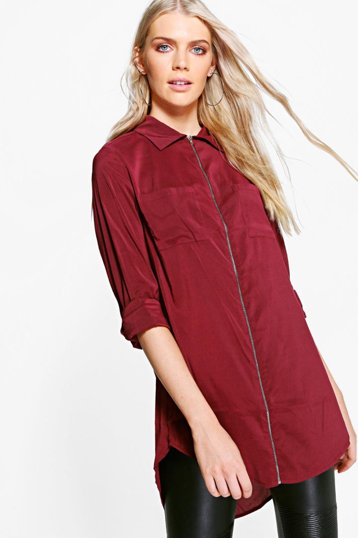 Boohoo Nicola Zip Through Longline Shirt Wine