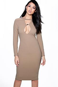 Boohoo Grace Keyhole Trim Detail Midi Bodycon Dress