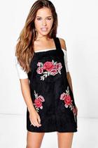 Boohoo Petite Gaby Embroidered Suede Pinafore Dress