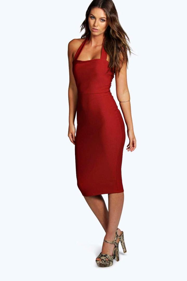 Boohoo Helena Crepe Halterneck Midi Bodycon Dress Terracotta