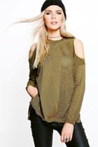 Boohoo Annabelle Cold Shoulder Mesh Knit Jumper Khaki