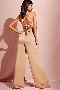 Boohoo Hammered Satin Cut Out Wide Leg Jumpsuit