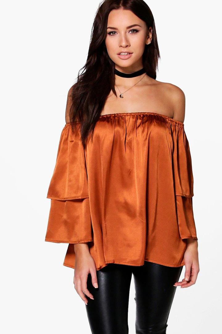 Boohoo Lucy Satin Ruffle Off The Shoulder Top Turmeric