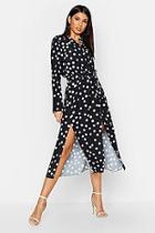 Boohoo Woven Large Spot Shirt Midi Tie Belt Dress