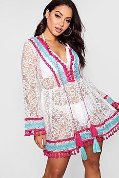 Boohoo Maria Lace Tassel Beach Dress