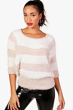 Boohoo Fluffy Knit Batwing Stripe Jumper